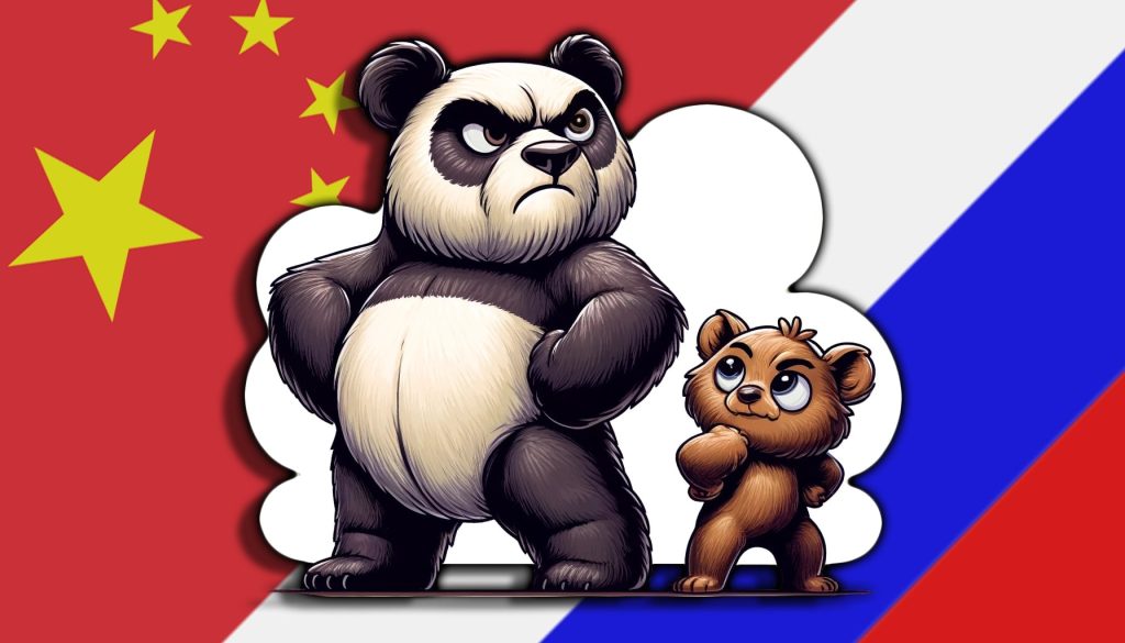 Панда и медвежонок на фоне флагов Китая и России