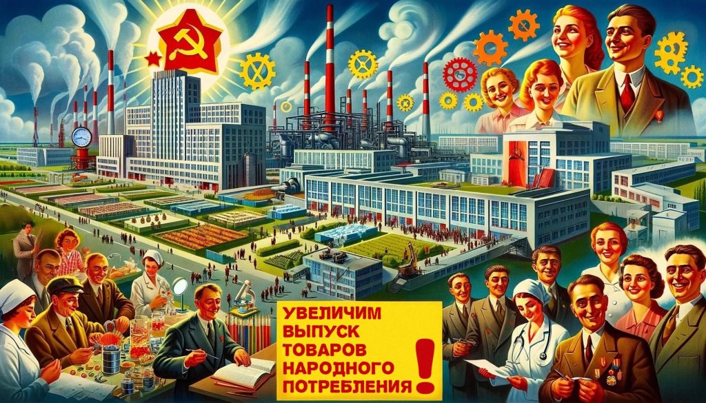 Советский плакат периода пятилетки с изображением фабрик, радостных рабочих и лозунгом "Увеличим выпуск товаров народного потребления!"