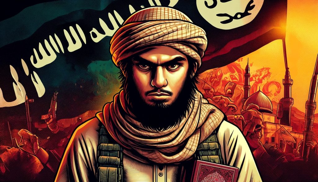 Радикальный исламист с суровым выражением лица на фоне флагов и оружия