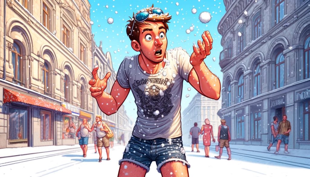 Удивленный человек в летней одежде стоит под падающим снегом