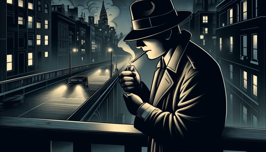Человек в шляпе с зажженной спичкой на мосту в ночном городе