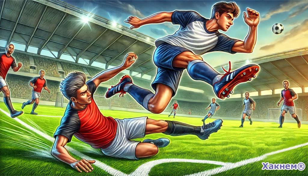 Футболисты в момент активной игры на поле, один игрок в синей форме прыгает, чтобы забрать мяч, другой игрок в красной форме скользит по траве