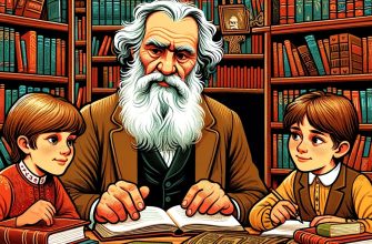 Лев Толстой с двумя детьми в библиотеке