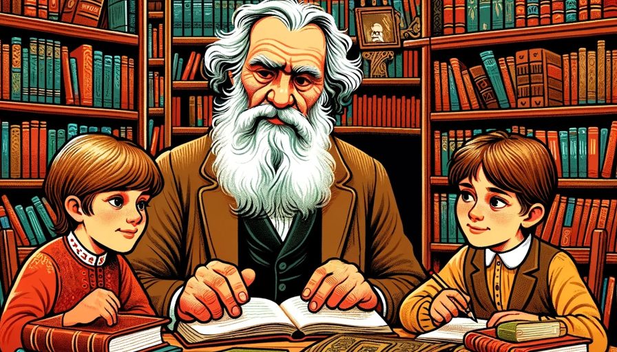 Лев Толстой с двумя детьми в библиотеке