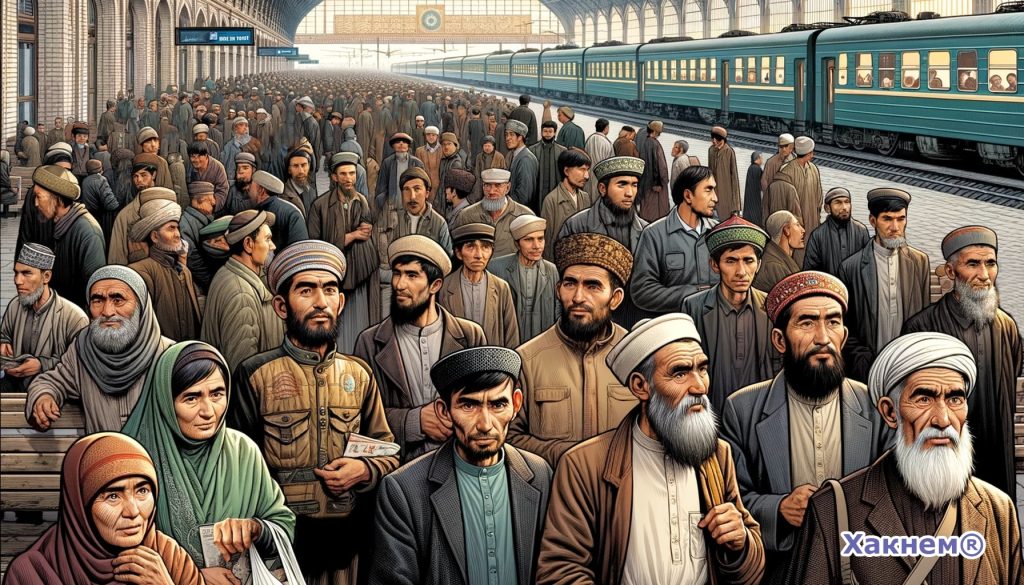 Мигранты из Средней Азии на железнодорожной станции в России