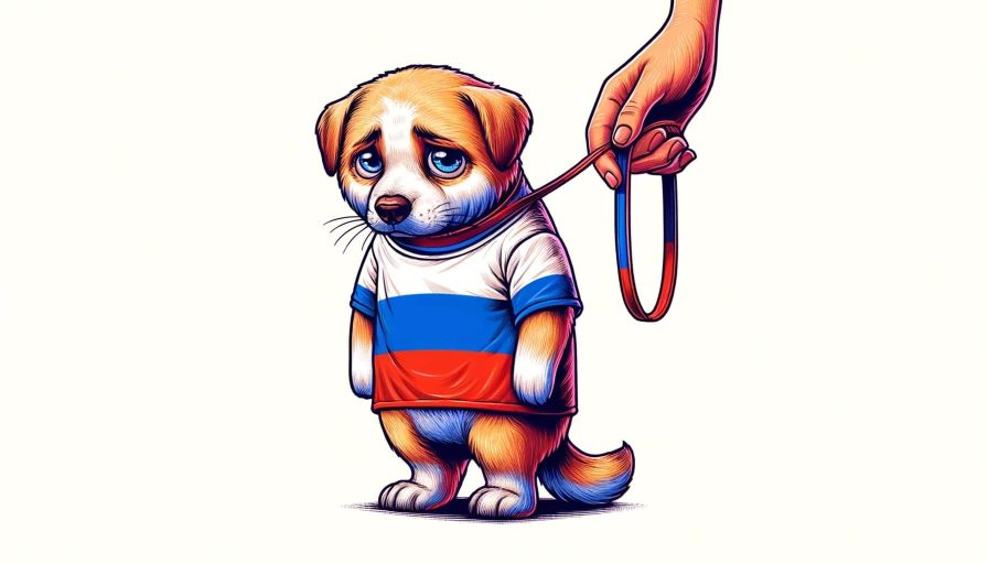 Грустная собака на коротком поводке в футболке в цветах российского флага