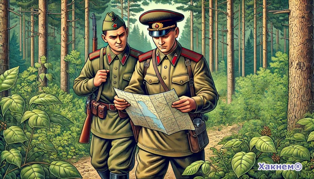 Два солдата с картой в лесу