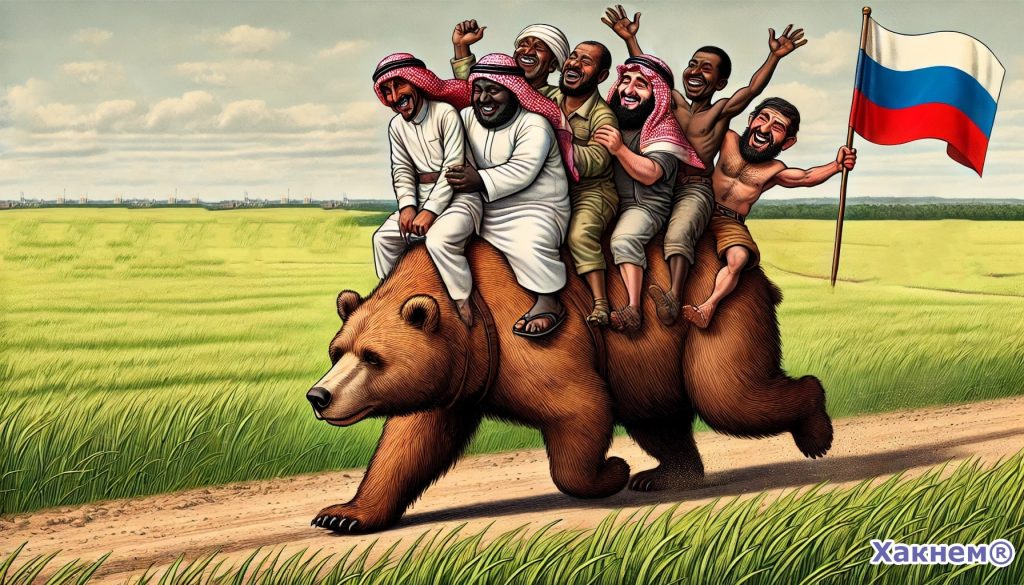 Группа мигрантов в традиционной арабской одежде едет на медведе с российским флагом