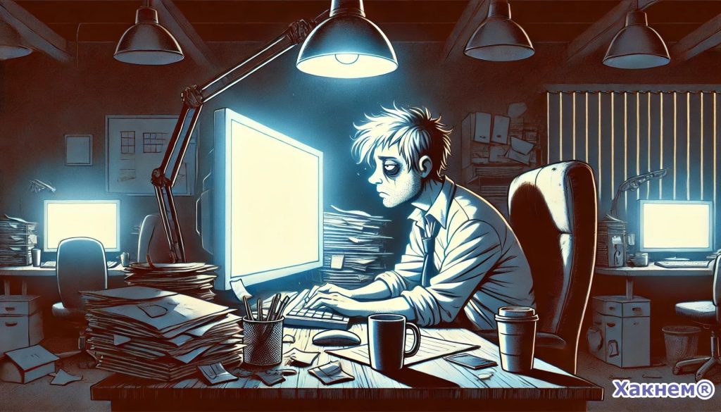 Переутомленный сотрудник за компьютером в темном офисе, окруженный кипами документов
