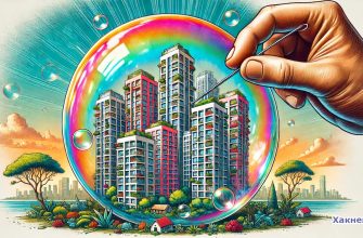 Ипотечный пузырь: рука с иглой, готовая лопнуть мыльный пузырь с высотками внутри