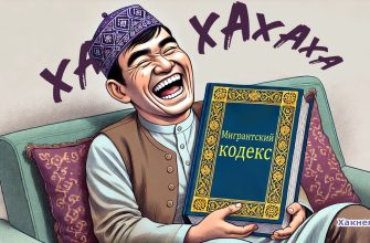 Мигрант смеется, держа в руках "Мигрантский кодекс"