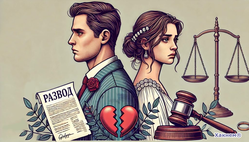 Развод: мужчина и женщина с документом о разводе и весами правосудия