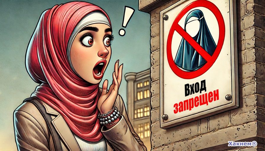 Женщина в хиджабе перед знаком "Вход запрещен"
