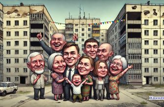 Группа счастливых людей перед старым зданием