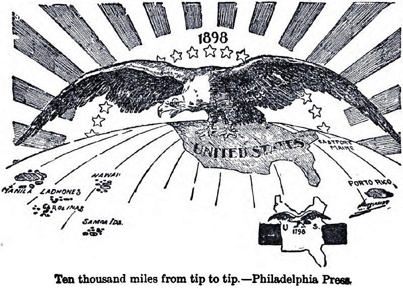 Карикатура 1898 года из газеты Philadelphia Press, изображающая расширение США на 10 тысяч миль от побережья до побережья, включая заморские территории