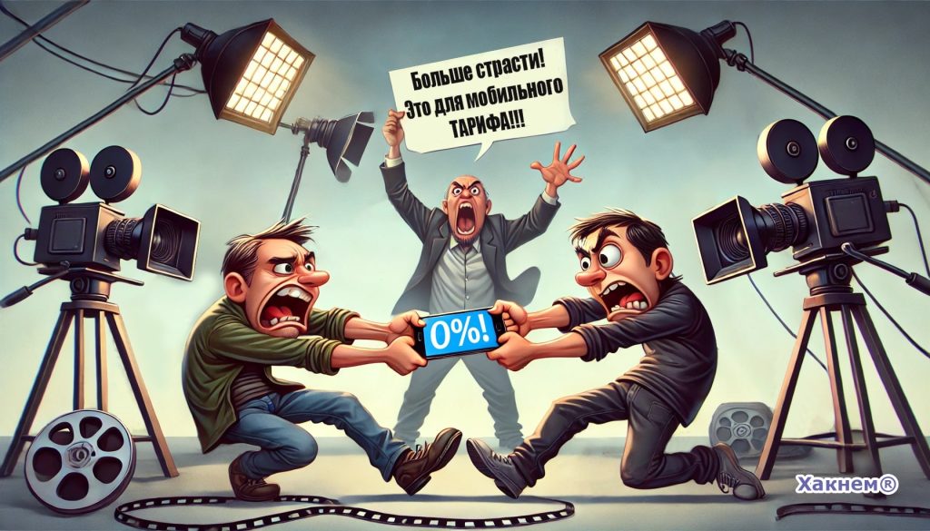 Съёмка абсурдной рекламы — актёры дерутся за смартфон с надписью «0%», режиссёр кричит: «Больше страсти! Это для мобильного тарифа!»