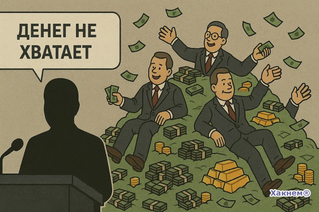 Чиновники сидят на груде денег и золота, а на переднем плане человек за трибуной заявляет: «Денег не хватает»