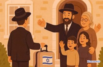 Израильская семья радостно встречает гостя с чемоданом у дома