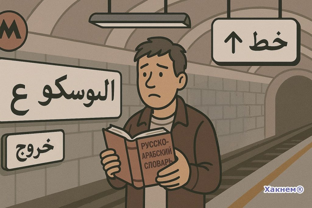 Пассажир в московском метро с русско-арабским словарём на фоне указателей на арабском языке