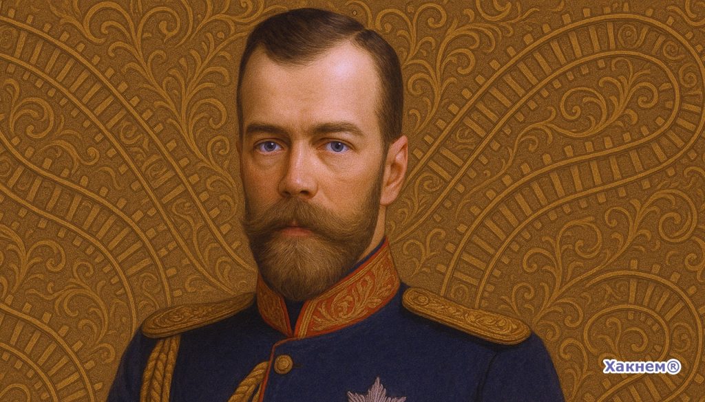 Император Николай II. Символ Российской империи на фоне орнамента в виде железных дорог
