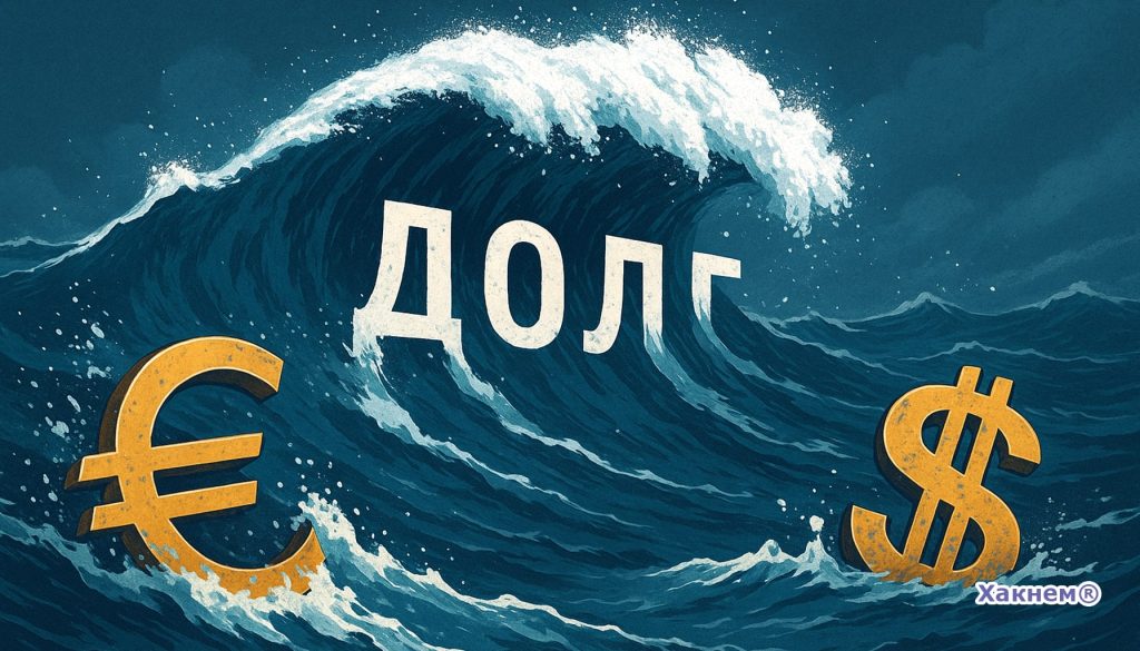 Волна с надписью «долг» накрывает символы доллара и евро, символизируя долговой кризис США и ЕС