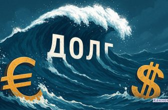 Волна с надписью «долг» накрывает символы доллара и евро, символизируя долговой кризис США и ЕС