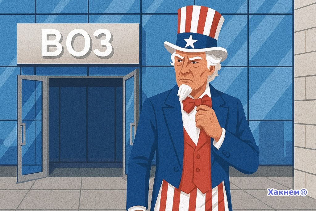 Дядя Сэм уходит из здания с надписью "ВОЗ", символизируя выход США из Всемирной организации здравоохранения