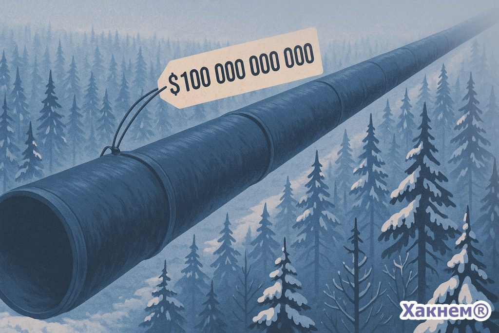 Магистральная труба в зимнем лесу с ценником 100 миллиардов долларов