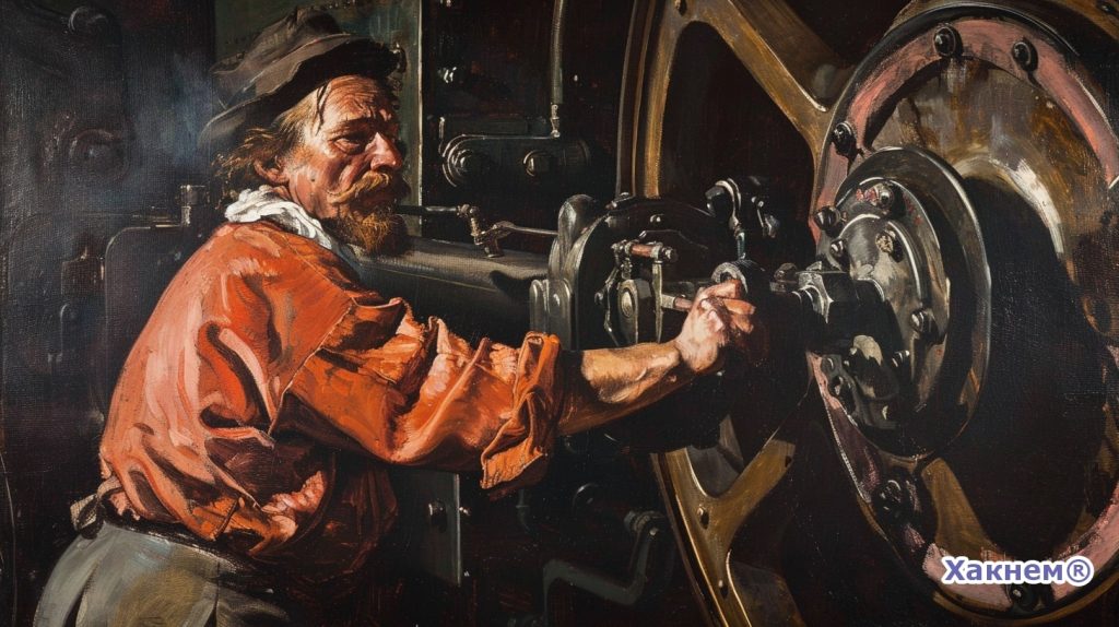 Рабочий у паровой машины во время промышленной революции