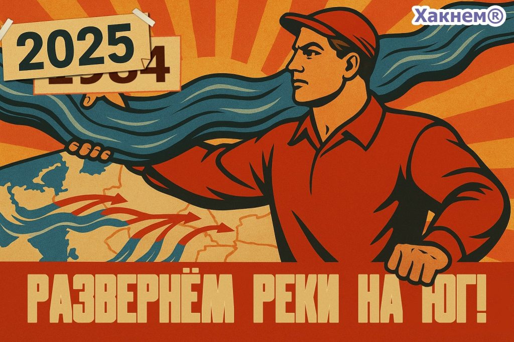 Агитационный плакат: мужчина поворачивает сибирские реки на юг, надпись 2025 поверх 1984