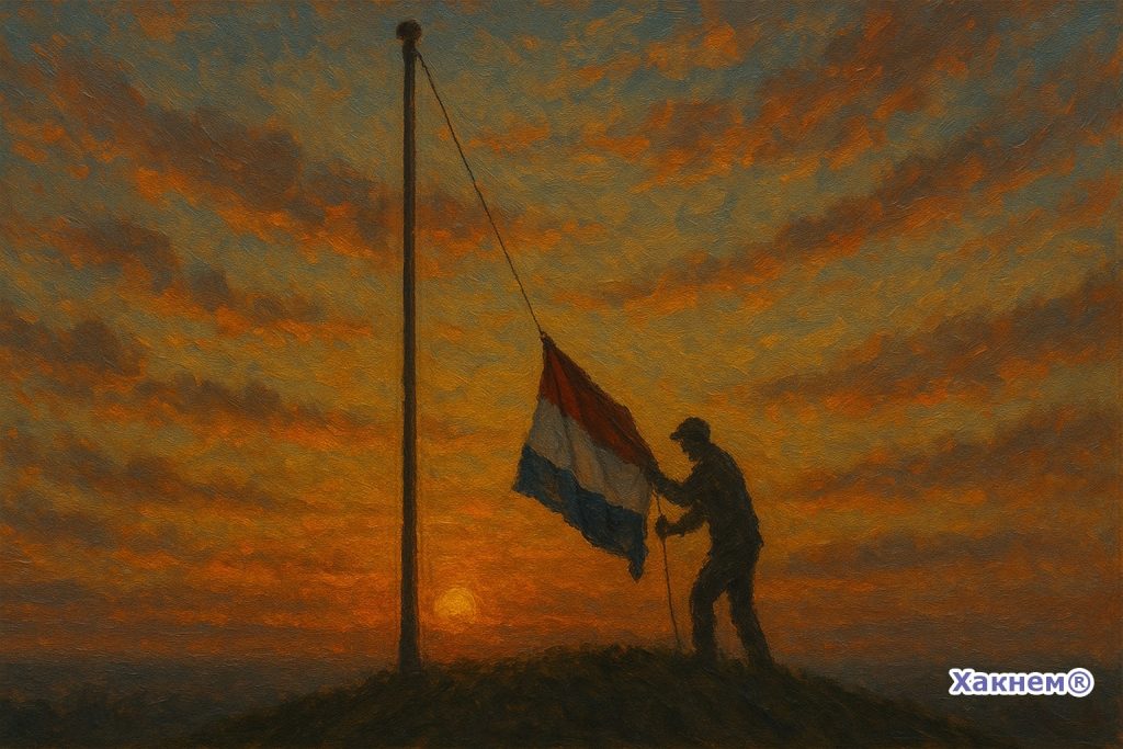 Символический закат нидерландской империи с опускающимся флагом на фоне заходящего солнца