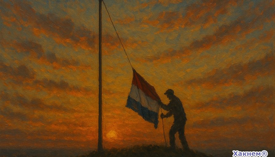 Символический закат нидерландской империи с опускающимся флагом на фоне заходящего солнца