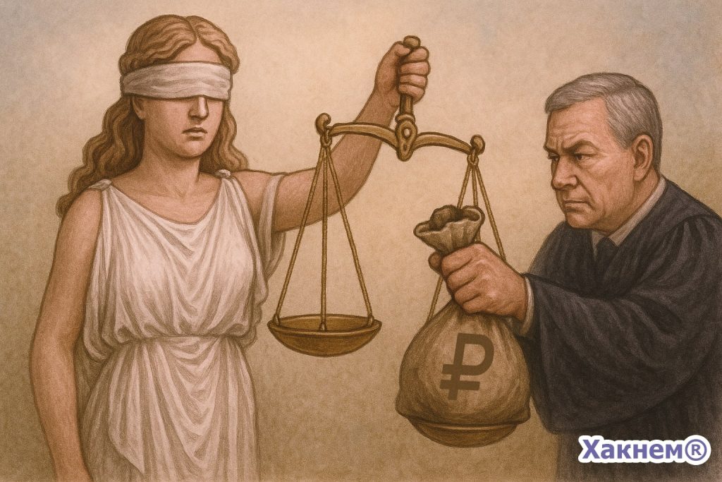 Судья подкупает весы Фемиды мешком с деньгами