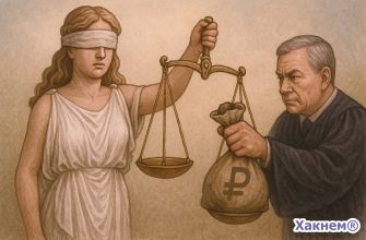 Судья подкупает весы Фемиды мешком с деньгами