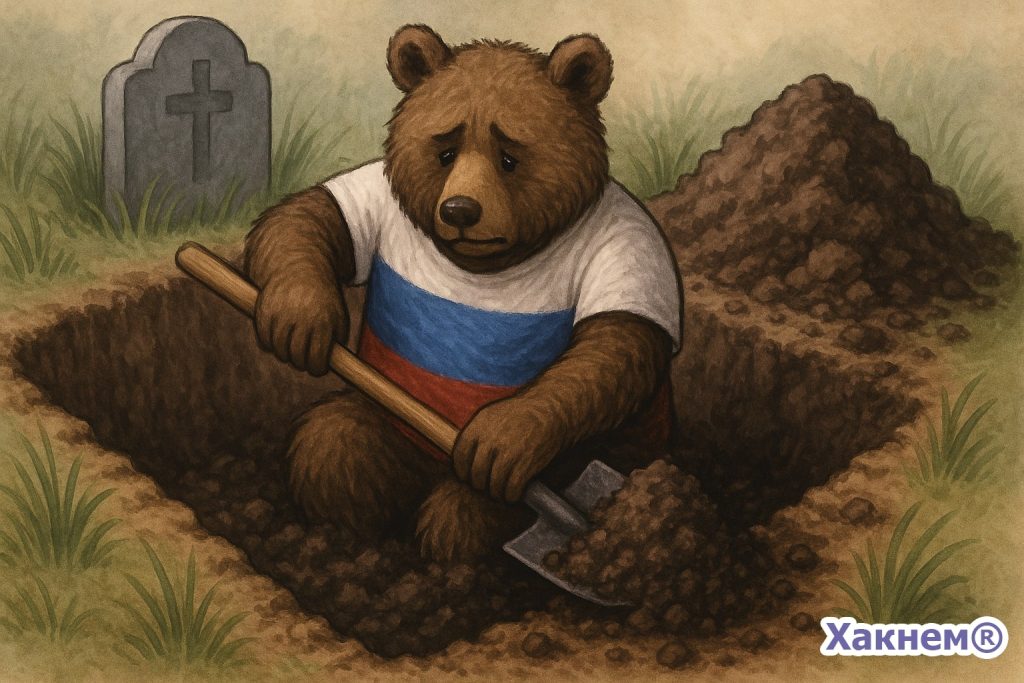 Грустный медведь в футболке с флагом России сидит в могиле с лопатой