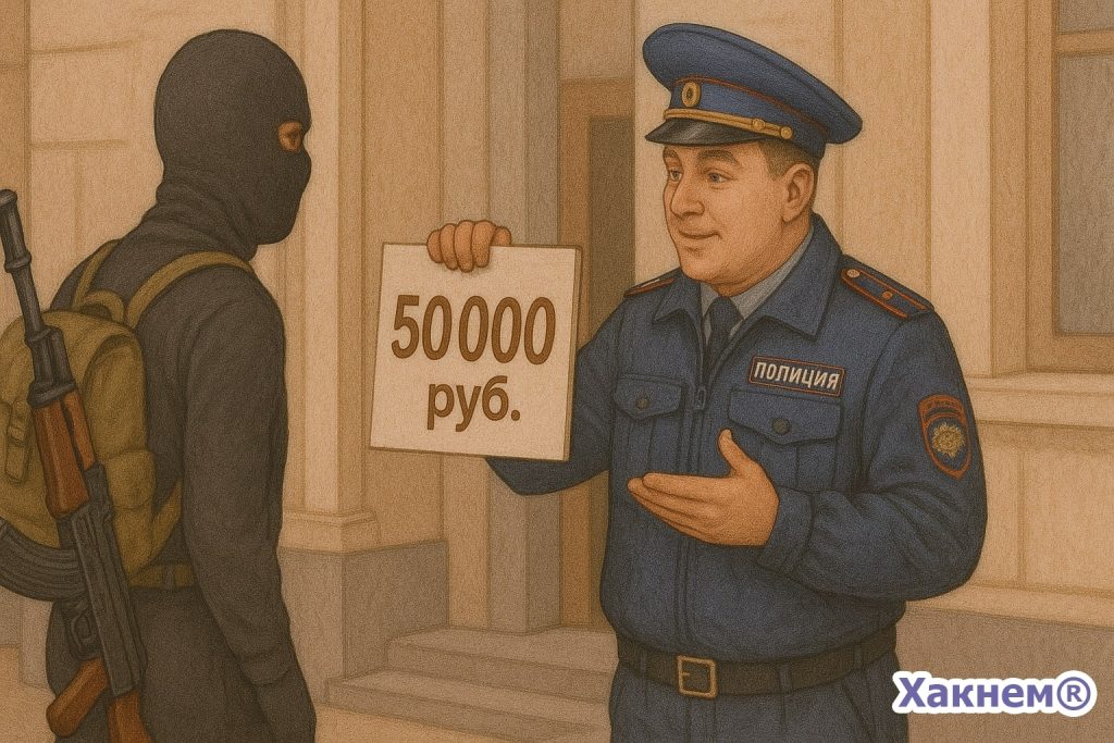 Российский полицейский показывает террористу табличку с ценой 50 000 рублей